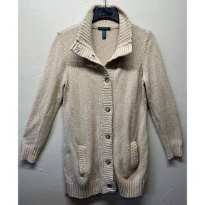 Lauren Ralph Lauren Womens Long Knit Cardigan Sweater Duster Button Up XL Cream